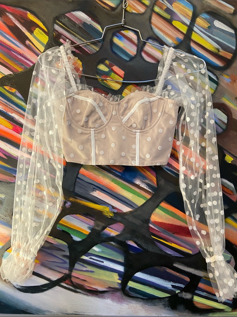 Runaway Sheer Cropped Polka Dot Long Sleeve Bustier Top - Nude and White
